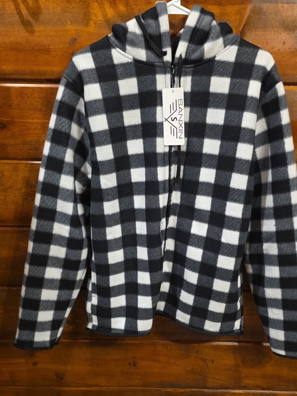SANXIN Fleece Hooded Zip Jacket - Black & White Buffalo Check